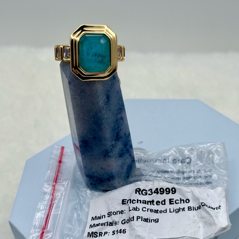 Bomb Party "Enchanted Echo" RG34999 Blue Quartz on Gold Bezel OG Ring Size 7